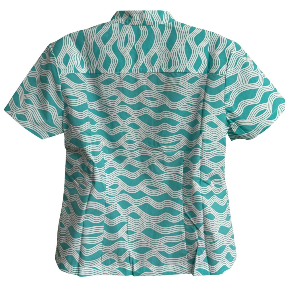 Avanti Hawaiian Shirt Women Medium Teal White Wave Button Short Sleeve New - Picture 4 of 7